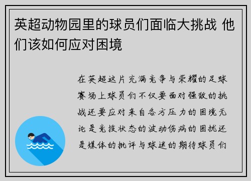 英超动物园里的球员们面临大挑战 他们该如何应对困境