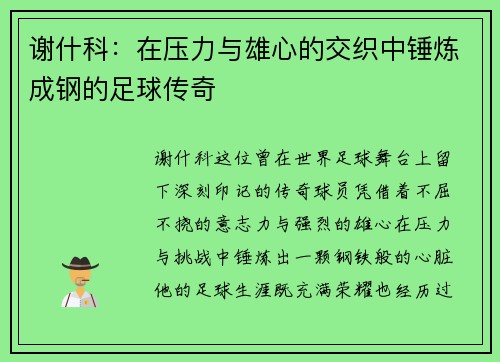 谢什科：在压力与雄心的交织中锤炼成钢的足球传奇